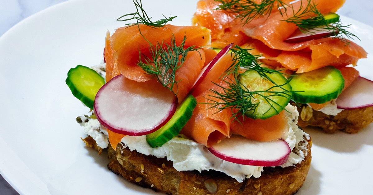 Salmon tartine smoked avocado red recipe onion